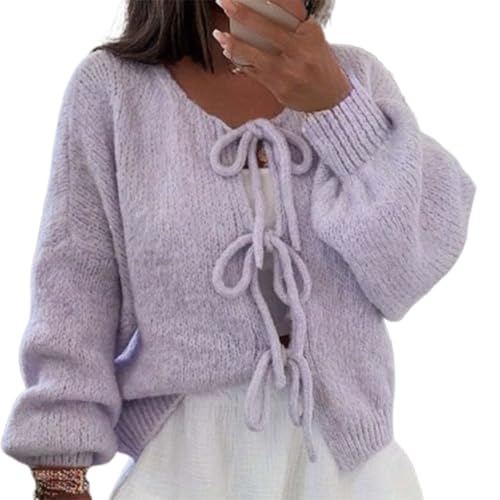 Damenpullover Mit Bindeband Vorne, Strickjacke Mit Fliege Vorne, Langärmlig, Vorne Offen, übergroße Strickjacke, Strickoberteil (X-Large,Purple) von TOTDYIKH