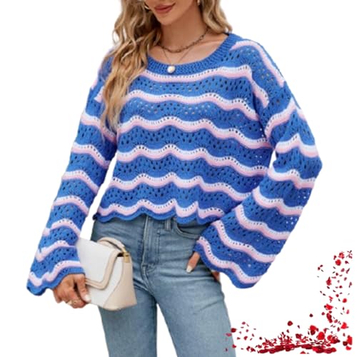 Damenpullover mit ausgehöhlten Streifen und Fledermausärmeln, lockerer Pullover (X-Large,Blue) von TOTDYIKH