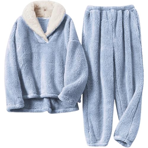 Flanell-Pyjama Für Damen, Warm, Kuschelig, Für Den Winter, Pyjama-Sets Mit Langen Ärmeln Und Hose, Süßes, Weiches, Lässiges Pyjama-Set Für Damen (Medium,Blue) von TOTDYIKH