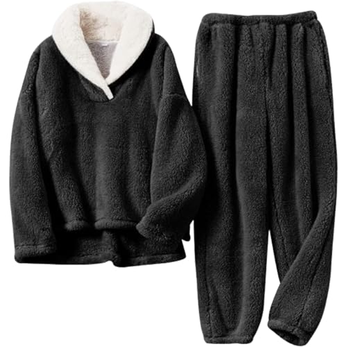 Flanell-Pyjama Für Damen, Warm, Kuschelig, Für Den Winter, Pyjama-Sets Mit Langen Ärmeln Und Hose, Süßes, Weiches, Lässiges Pyjama-Set Für Damen (Small,Black) von TOTDYIKH