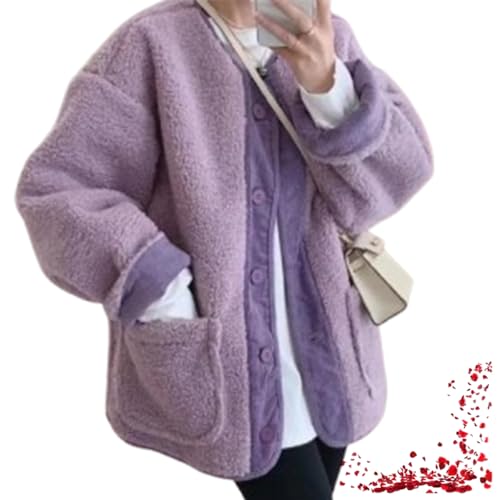 Flauschiger Damenmantel Mit Einfarbigen Knöpfen Und Taschen, Warmer Sherpa-Mantel, Weiche Jacke (X-Large,Purple) von TOTDYIKH