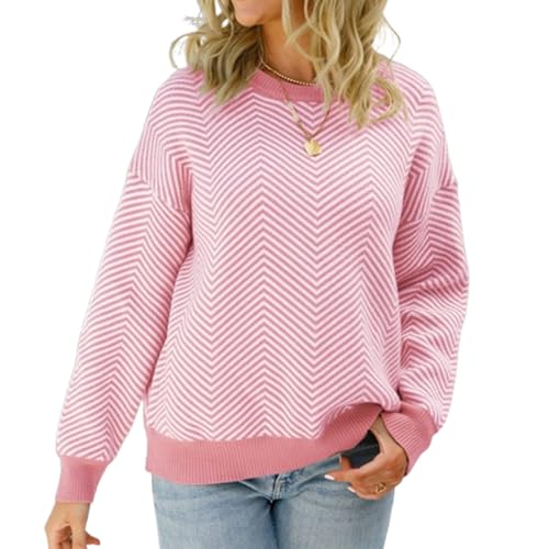 Gestreifter Damenpullover, Trendiger Herbstpullover Mit Rundhalsausschnitt, Langen Ärmeln, Lässig, Lockere Passform, Strickpullover Mit Farbblockmuster (X-Large,Pink) von TOTDYIKH