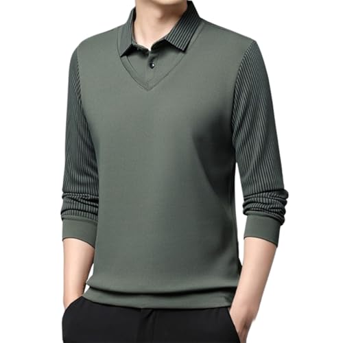 Gestreiftes Revers-Imitat-Zweiteilerhemd Für Herren, Langärmeliges Zweiteiliges Strick-Poloshirt Für Herren (4X-Large,Bean Green) von TOTDYIKH