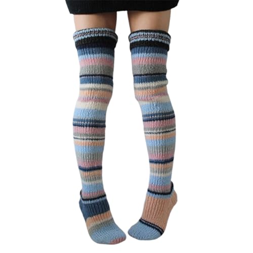 Gestrickte, gestreifte Weihnachtssocken für Damen, Beinsocken, Overknee-Stiefelsocken (One-Size,Pink) von TOTDYIKH