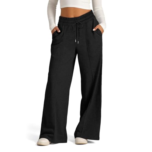 Jogginghose mit weitem Bein für Damen, hohe Taille, lockere, einfarbige Lounge-Hose mit Kordelzug, Bequeme, sportliche Schlaghose (Black,Small) von TOTDYIKH