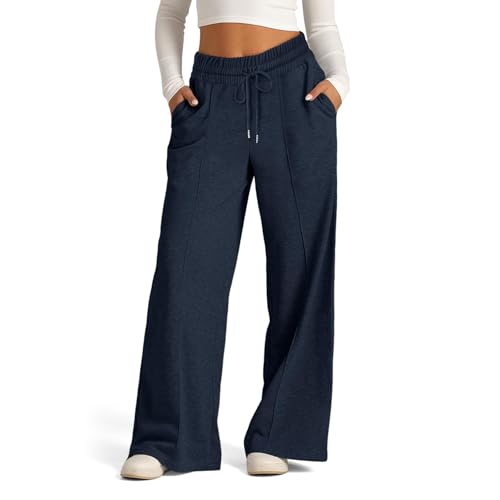 Jogginghose mit weitem Bein für Damen, hohe Taille, lockere, einfarbige Lounge-Hose mit Kordelzug, Bequeme, sportliche Schlaghose (Navy,Small) von TOTDYIKH