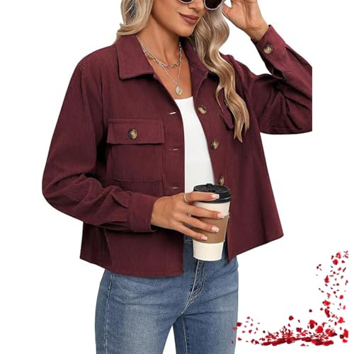 Kurze Cordjacke Für Damen, Lässige Jacke Mit Revers Und Knopfleiste, Langärmliger Oberbekleidungsmantel Mit Taschen (X-Large,Burgundy) von TOTDYIKH