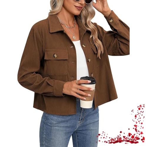 Kurze Cordjacke Für Damen, Lässige Jacke Mit Revers Und Knopfleiste, Langärmliger Oberbekleidungsmantel Mit Taschen (XX-Large,Brown) von TOTDYIKH