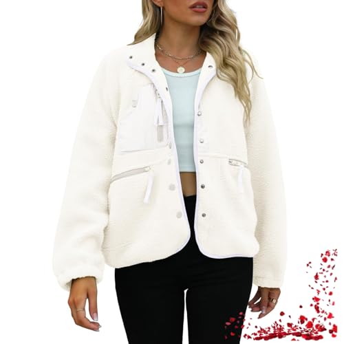 Lässige Button-Down-Plüschjacke mit Revers für Damen, kurzer Button-Down-Mantel mit Taschen (Small,White) von TOTDYIKH