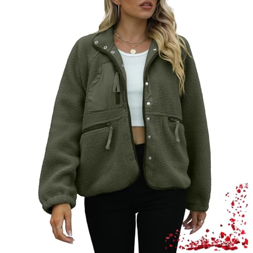 Lässige Button-Down-Plüschjacke mit Revers für Damen, kurzer Button-Down-Mantel mit Taschen (X-Large,Army Green) von TOTDYIKH