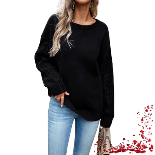 Lässiger Rundhalspullover Für Damen, Langärmliger Grob Gestrickter Pullover In Volltonfarbe (Large,Black) von TOTDYIKH