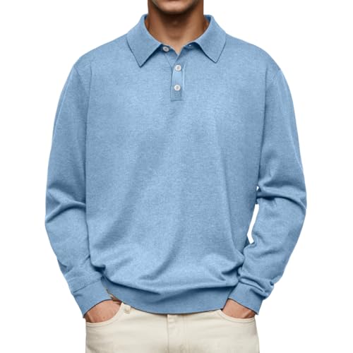 Lässiges und bequemes Poloshirt mit einfarbigem Revers und Langen Ärmeln für Herren, Langarmshirts mit V-Ausschnitt für Herren (3X-Large,Light Blue) von TOTDYIKH