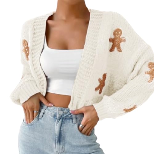 Lebkuchen-Cardigan für Damen, süße Weihnachtspullover für Damen, Weihnachts-Lebkuchen-Cardigan (Large,White) von TOTDYIKH