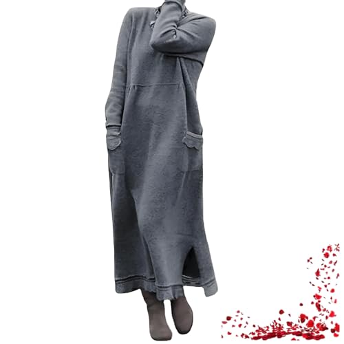 Lockeres Maxikleid aus Spitze in Übergröße, einfarbiges, langärmliges Damen-Sweatshirtkleid für Herbst und Winter (Small,Gray) von TOTDYIKH