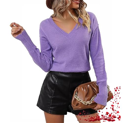 Modischer V-Ausschnitt-Pullover Mit Langen Ärmeln Und Schulterfreiem Schnitt Für Damen, Einfarbiger, Leichter, Lässiger, Lockerer Strickpullover (Large,Purple) von TOTDYIKH