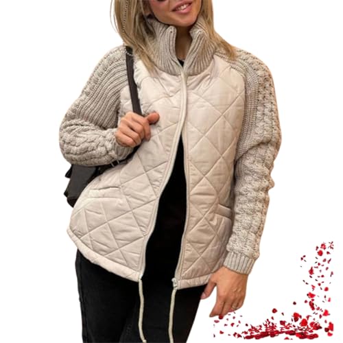 Patchwork-Pufferjacke Aus Strick Für Damen, Patchwork-Pufferjacken Für Damen, Gemütliche Oberbekleidung Für Herbst Und Winter (Large,Khaki) von TOTDYIKH