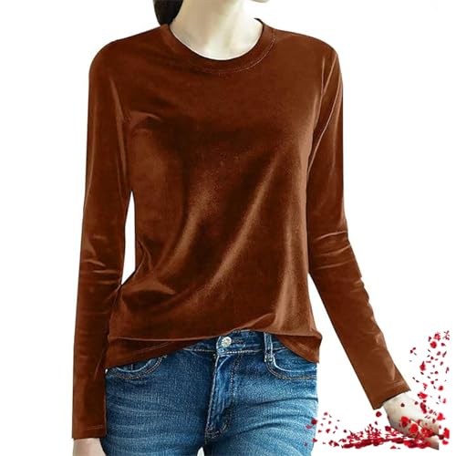 Samtoberteile Für Damen, Elegante Bluse Mit Langen Ärmeln Und Rundhalsausschnitt, Velourspullover, Lässiges T-Shirt, Einfarbige Samtoberteile (3X-Large,Coffee) von TOTDYIKH