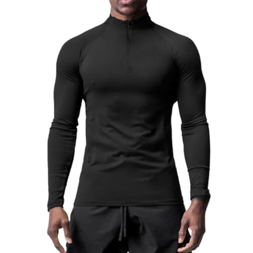 Schnelltrocknende Sportshirts für Herren, Viertelreißverschluss, langärmlig, feuchtigkeitsableitendes Pullover-Oberteil, Sweatshirt (XX-Large,Black) von TOTDYIKH