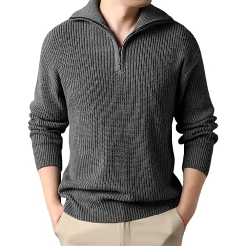 TOTDYIKH Herrenpullover mit Viertelreißverschluss, modischer Zopfmusterpullover, schmale Passform, langärmlig, lässiger Pullover, strukturierter Rollkragen (Medium,Dark Gray) von TOTDYIKH