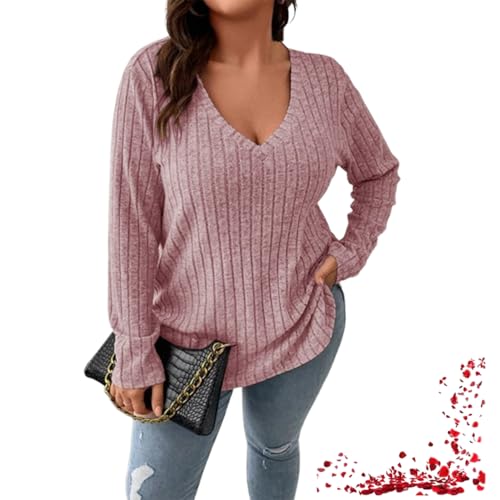 TOTDYIKH Lässiger Strickpullover mit V-Ausschnitt für Damen in Übergröße, leichtes, langärmliges Winter-Tunika-Oberteil mit V-Ausschnitt in Volltonfarbe (X-Large,Light Pink) von TOTDYIKH