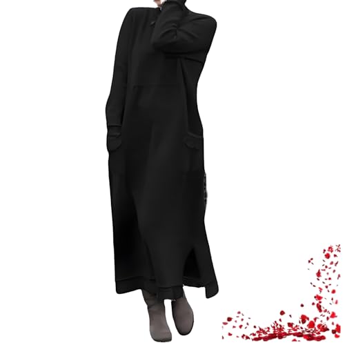 TOTDYIKH Lockeres Maxikleid aus Spitze in Übergröße, einfarbiges, langärmliges Damen-Sweatshirtkleid für Herbst und Winter (Small,Black) von TOTDYIKH