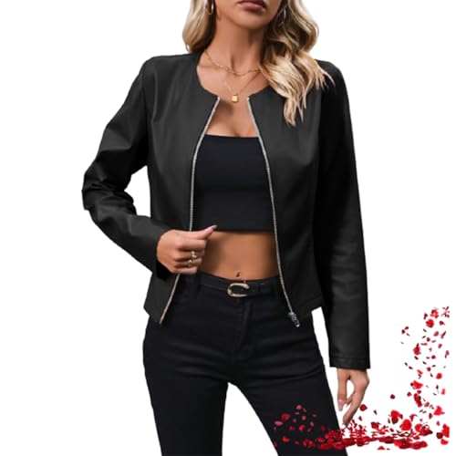 Trendige Bikerjacke aus Kunstleder für Damen, lässig, langärmelig, einfarbig, mit Reißverschluss, leichte Oberbekleidung (Black,Medium) von TOTDYIKH