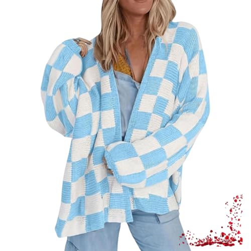 Übergroßer Karierter Cardigan für Damen, locker gestrickter Pullover, vorne gestrickter Langarmpullover für Damen (Light Blue,Large) von TOTDYIKH