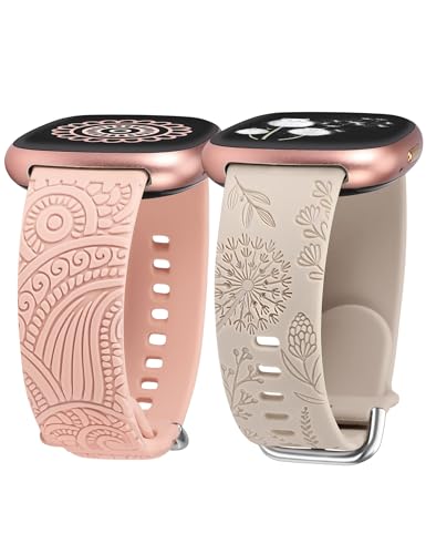 TOYOUTHS 2 Stück Floral Gravierte Armband kompatibel mit Fitbit Versa 4/Versa 3/Sense 2/Sense Armband, Sport Solo Loop Silikon Boho Henna/Löwenzahn Blume Cute Versa 4 Armbänder, Polarstern/Rosa von TOYOUTHS