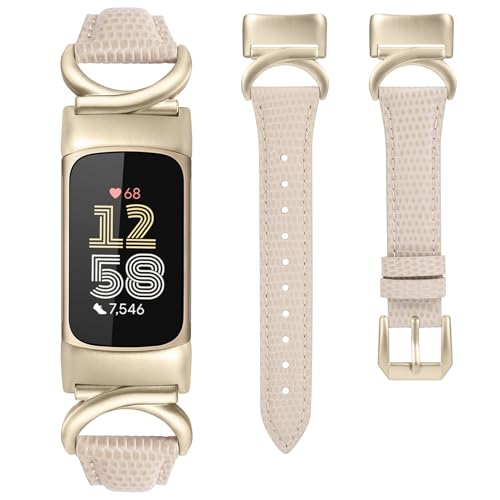 TOYOUTHS Lederarmband Kompatibel mit Fitbit Charge 6/Charge 5 Armband Damen, Frauen Schlank Luxus Elegant Dressy Armbänder mit C-förmiger Schnalle für Charge 6, Eidechse Polarstern/Champagne Gold von TOYOUTHS