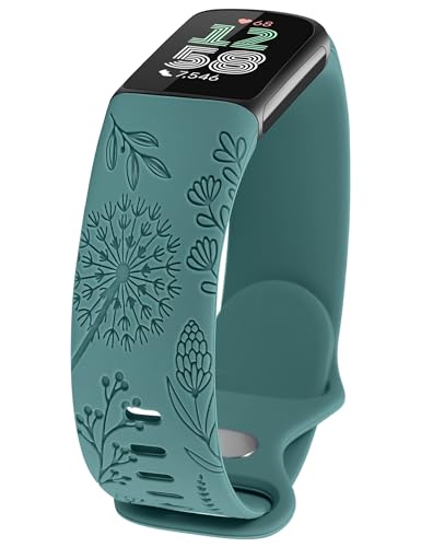 TOYOUTHS Löwenzahn Floral Gravierte Armband Kompatibel mit Fitbit Charge 6/Charge 5 Armband Damen, Frauen Blume Fancy Cute Weich Silikon Sport Solo Loop Armbänder für Charge 6, Grün von TOYOUTHS