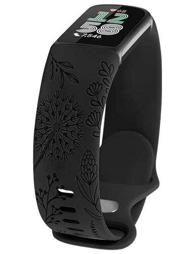 TOYOUTHS Löwenzahn Floral Gravierte Armband Kompatibel mit Fitbit Charge 6/Charge 5 Armband Damen, Frauen Blume Fancy Cute Weich Silikon Sport Solo Loop Armbänder für Charge 6, Schwarz TOYOUTHS Löwenzahn Floral Gravierte Armband Kompatibel mit Fitbit Charge 6/Charge 5 Armband Damen, Frauen Blume Fancy Cute Weich Silikon Sport Solo Loop Armbänder für Charge 6, Schwarz von TOYOUTHS