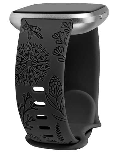 TOYOUTHS Löwenzahn Floral Gravierte Armband kompatibel mit Fitbit Versa 2/Fitbit Versa/Versa Lite Armband Frauen Weich Silikon Fancy Cute Sport Solo Loop Ersatzarmbänder für Versa 2, Schwarz von TOYOUTHS