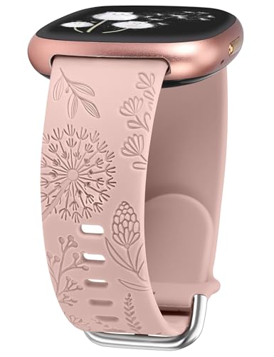 TOYOUTHS Löwenzahn Floral Gravierte Armband kompatibel mit Fitbit Versa 4/Versa 3/Sense 2/Sense Armband Frauen Weich Silikon Fancy Cute Sport Sommer Ersatzarmbänder für Versa 4, Rosa von TOYOUTHS