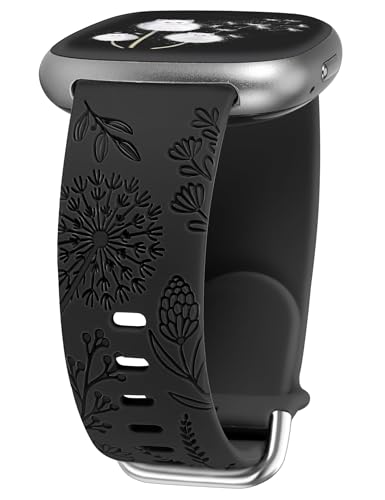 TOYOUTHS Löwenzahn Floral Gravierte Armband kompatibel mit Fitbit Versa 4/Versa 3/Sense 2/Sense Armband Frauen Weich Silikon Fancy Cute Sport Sommer Ersatzarmbänder für Versa 4, Schwarz von TOYOUTHS