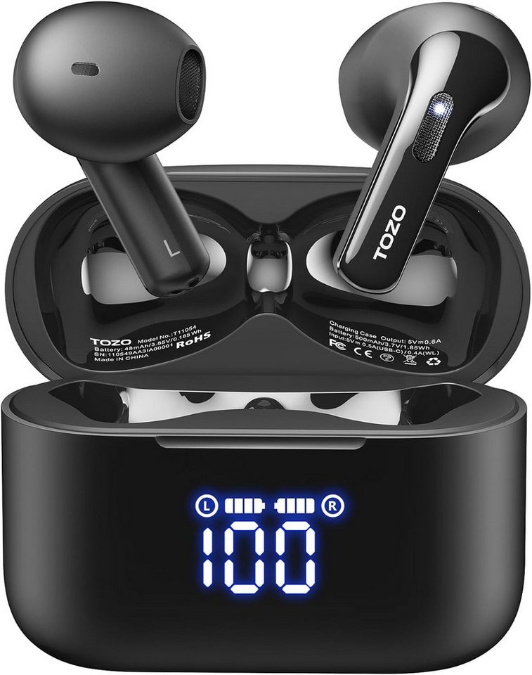 TOZO Dual-Mikrofon Noise Cancelling mit LED-Digitalanzeige,44 Std Spielzeit In-Ear-Kopfhörer (Passen Sie Ihr Audio mit 16 Equalizer-Modi, weißem Rauschen und personalisierten Klangeinstellungen in der App an und nutzen Sie OTA-Updates sowie Gestensteuerung., Bluetooth, Klangeinstellungen Stereo Sound,IPX8 Wasserdicht für Sport und Alltag) von TOZO