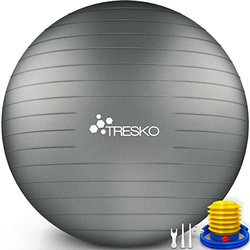 TRESKO Gymnastikball mit GRATIS Übungsposter inkl. Luftpumpe - Yogaball BPA-Frei | Sitzball Büro | Anti-Burst | 300 kg,Grau,75cm (für Körpergröße 175 - 185cm) von TRESKO