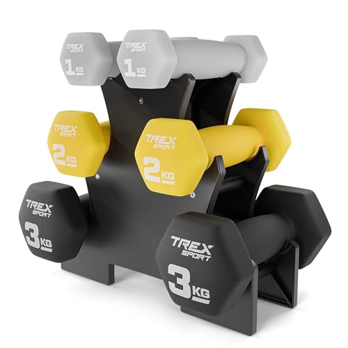 TREX SPORT Neopren Hanteln Set mit Hantelständer | Kurzhanteln 6er Set 2x1kg, 2x2kg, 2x3kg | Hanteln Frauen & Männer Set von TREX SPORT