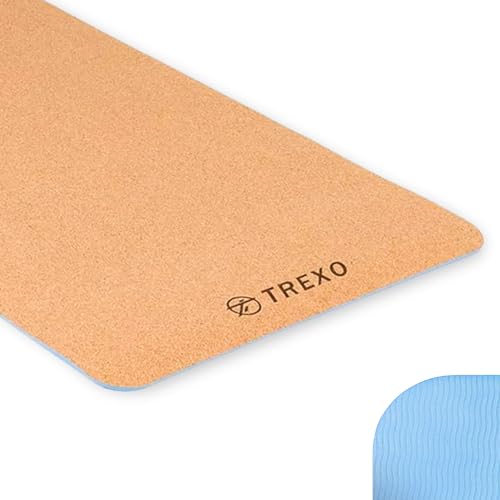 TREXO Yoga Kork TPE Yogamatte 61 x 183 cm in der Größe und 6 mm in der Dicke Blau für Indoor-Club Pilates Stretching Gymnastik YM-C01N von TREXO