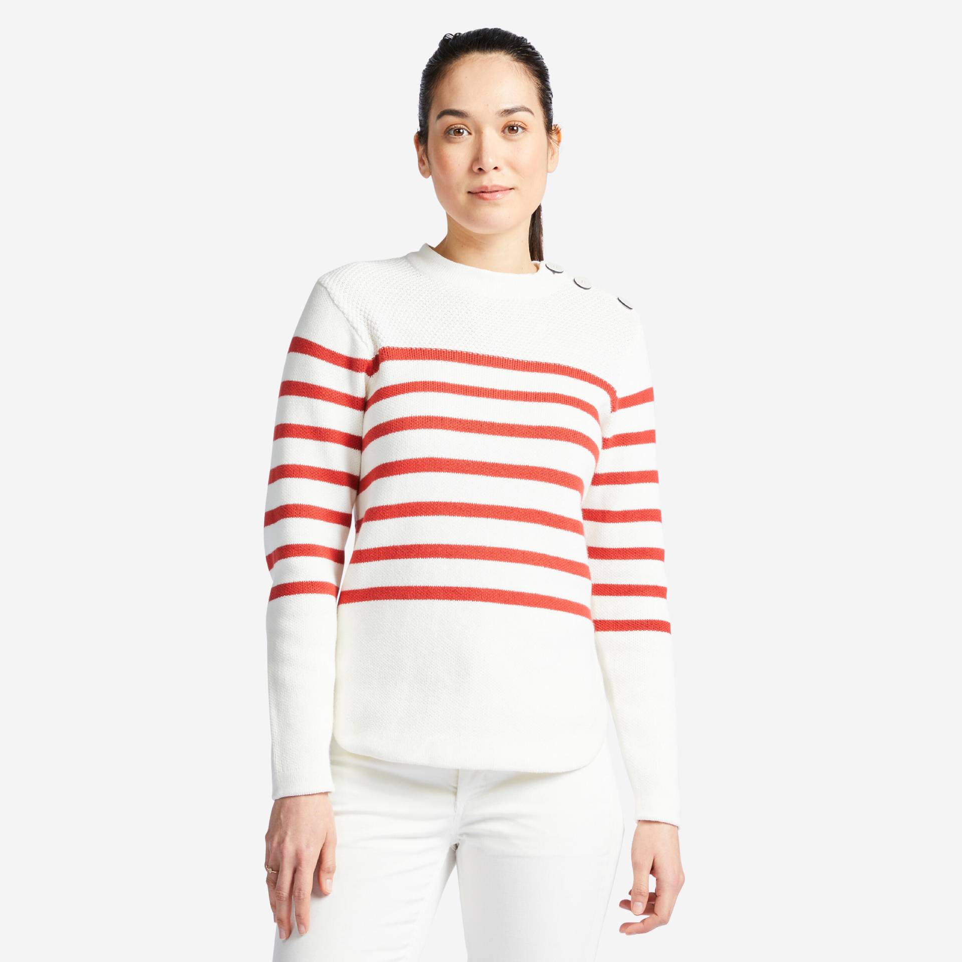 Pullover Segeln Damen weiß/rot gestreift von TRIBORD