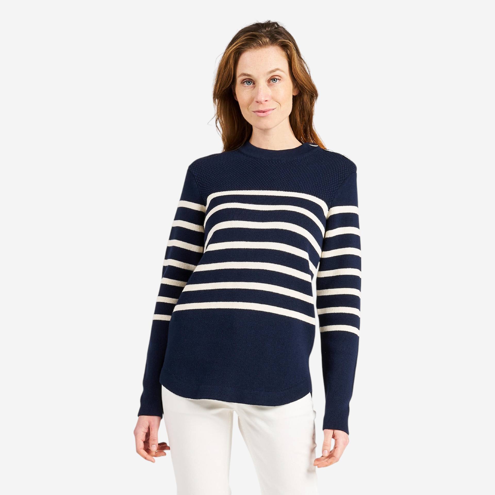Segelpullover gestrickt Damen 100 dunkelblau/beige gestreift Segelpullover gestrickt Damen 100 dunkelblau/beige gestreift von TRIBORD