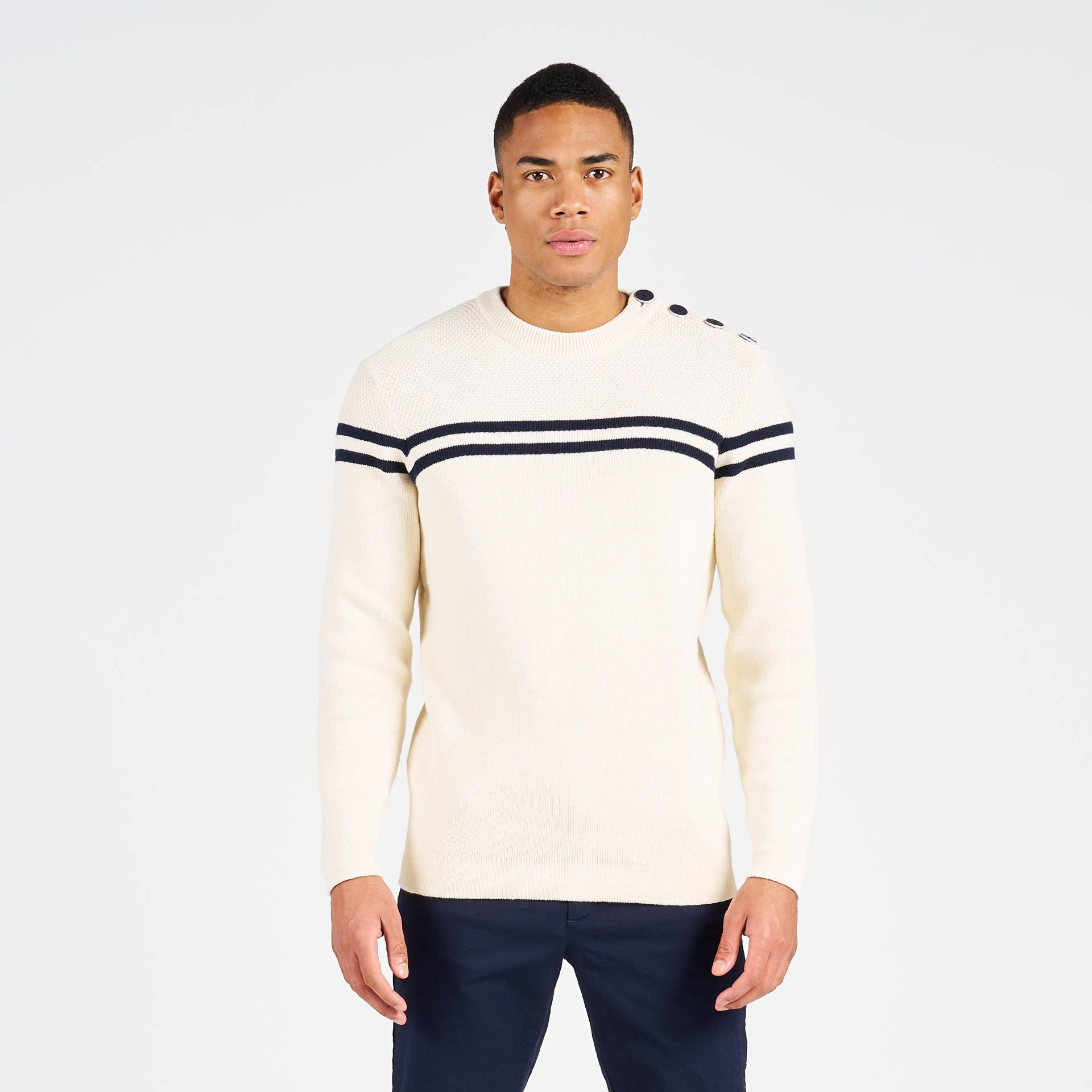 Segelpullover gestrickt Herren 100 beige/dunkelblau gestreift Segelpullover gestrickt Herren 100 beige/dunkelblau gestreift von TRIBORD