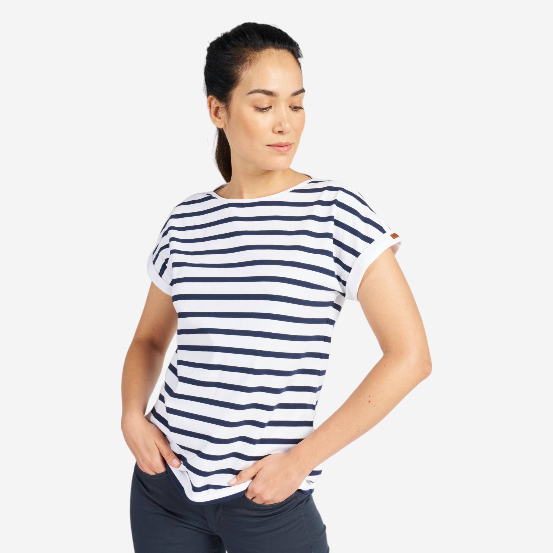 Segelshirt kurzarm Damen 100 Maritim weiss/blau von TRIBORD