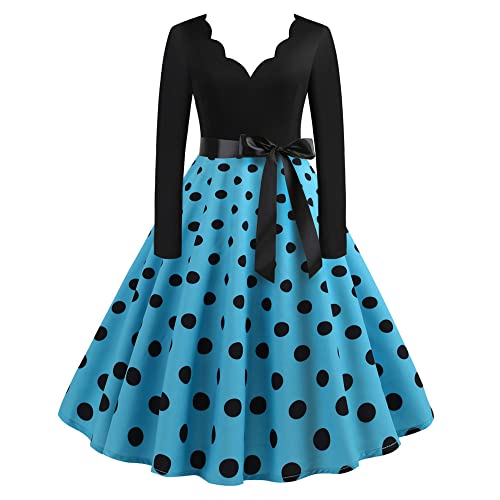 1950er Rockabilly Petticoat Kleid Damen Mittelalter Ballkleid Retro Swingkleid Cocktailkleid Tunikakleid mit Schleifenknoten Langärmliges Abendkleid mit V-Ausschnitt Tupfendruck Partykleid von TRIGLICOLEUM