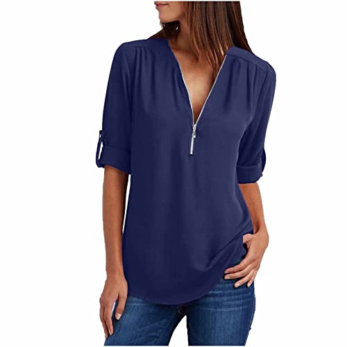 Bluse Damen Chiffon V-Ausschnitt Longbluse mit Reißverschluss Elegant Einfarbig Langarmshirt Große Größen Shirts Tunika Tops Slim Fit T-Shirt Leichte Hemdbluse Oberteile Blusenshirt Blusen 5XL von TRIGLICOLEUM