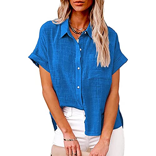 Bluse Damen Einfarbig Hemd Vintage Knöpfe Leinenhemd Baumwolle Leinen Hemdbluse Kurzarm Revers Blusenshirt Locker Bequeme Leinenbluse Sommer Tops Große Größen Shirt Hemden Urlaub Beachwear für Frauen von TRIGLICOLEUM