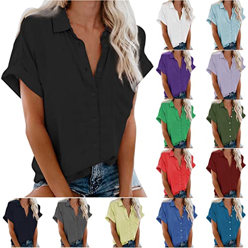 Bluse Damen Elegant Einfarbig Blusenshirt Revers Shirts Kurzarm Tshirt Knöpfe Longbluse Einreihiges Hemd Sommer Tops V-Ausschnitt Shirt Hemdbluse Lose Oberteile Große Größen Damenblusen mit Tasche von TRIGLICOLEUM