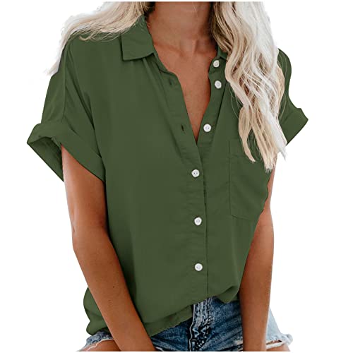 Bluse Damen Elegant Einfarbig Blusenshirt Revers Shirts Kurzarm Tshirt Knöpfe Longbluse Einreihiges Hemd Sommer Tops V-Ausschnitt Shirt Hemdbluse Lose Oberteile Große Größen Damenblusen mit Tasche von TRIGLICOLEUM