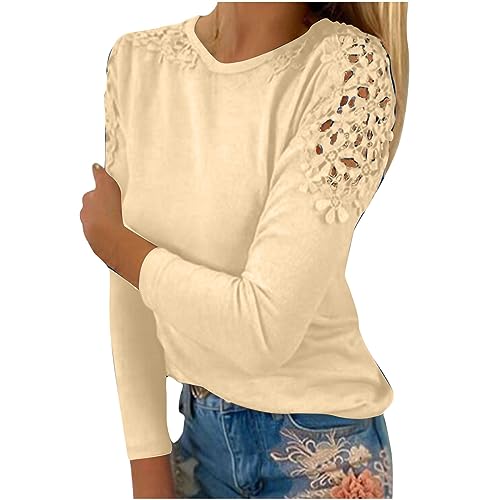 Bluse Damen Elegant Spitzenärmel Langarmshirt Sommer Einfarbig Tshirt Spitzennähte Kurzarm/Langarm T-Shirt Große Größen Rundhals Pullover Spitze Aushöhlen Tunika Tops Farbverlauf Oberteile S-5XL von TRIGLICOLEUM