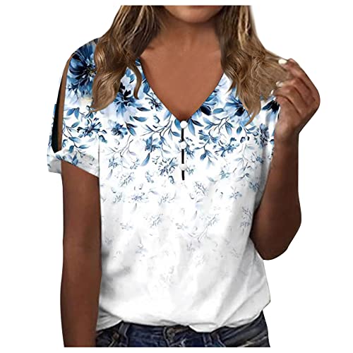 Bluse Damen Mode Knopfleiste V-Ausschnitt Shirt Sommer Kurzarm Tshirt Tunika Tops Schulterfrei T-Shirt Oberteile mit Blumendruck Pullover Party Blusentops Teenager Mädchen Blusenshirt Große Größen von TRIGLICOLEUM