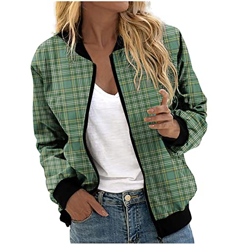 Bomberjacke Damen Bunte Karodruck Kurzjacke Leichte Bomber Jacket Blouson Jacke Stehkragen Fliegerjacke Kurze Übergangsjacke Langärmelig Pilotenjacke Reißverschluss Strickjacke Herbst Winter Mantel von TRIGLICOLEUM